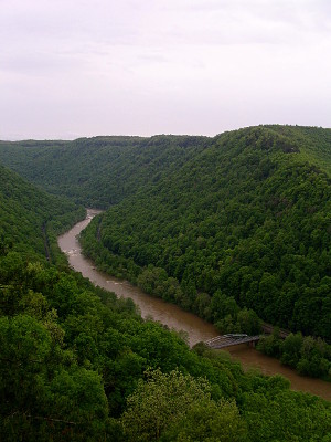 [Portrait view of the muddy, turbulent river snaking through the gorge. This view shows the top of the hillsides and the sky above it. There is a small bridge crossing the river not too far above the water line.]